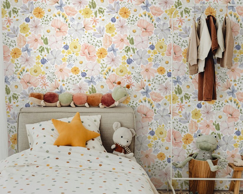 Spring floral wallpaper with pastel watercolour flowers and sage leaves on a clean white ground