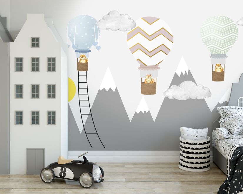 Papier peint panoramique montagne grise et montgolfière colorée pour enfants