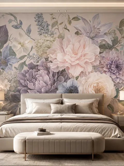 Elegant Pastel Botanical Flower Bouquet Wallpaper Mural