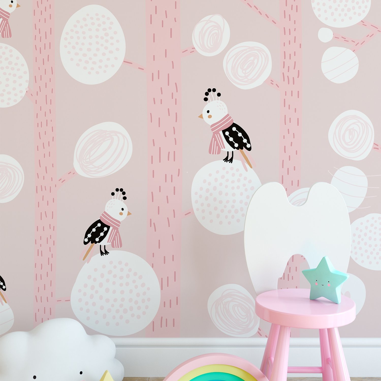 Dreamy Birds on Birch Tree Nursery Wallpaper Mural - Peel and Stick