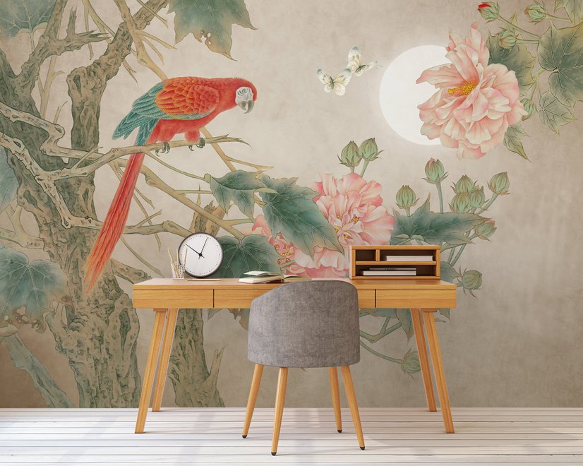 Nostalgic Peony Blossom and Parrot Wallpaper Mural