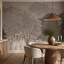 Misty forest nature wallpaper mural in greige, taupe and charcoal watercolour with birds