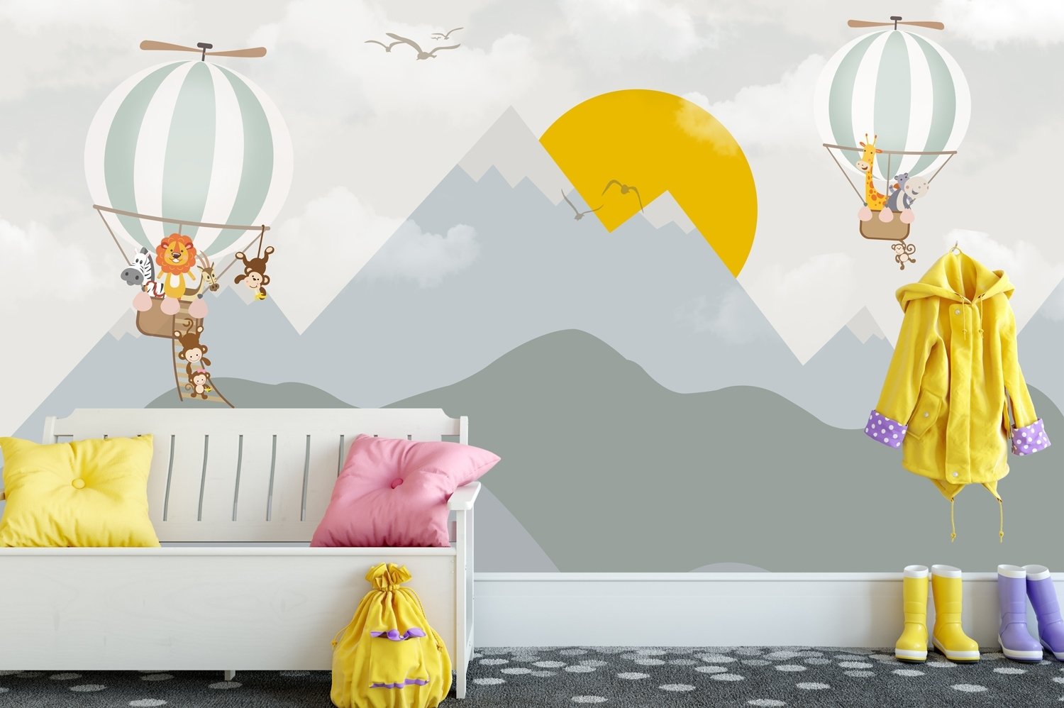 Kids Nursery Mountain Landscape with Hot Air Balloon Wallpaper Mural - Peel and Stick