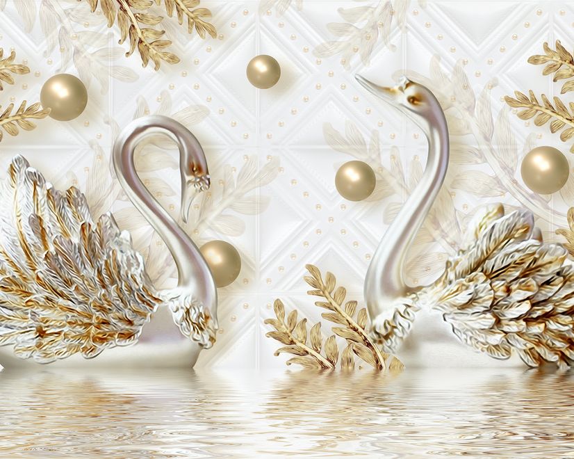3D Look Swan and Leaf with Water Pattern Wallpaper Mural