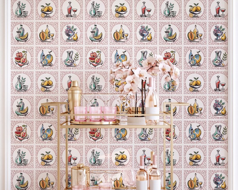 Bar wallpaper with cream tile grid, dusty rose arches, illustrated wine bottles, fruit and café still lifes