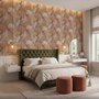 Pink tropical wallpaper with ivory fan palms, orchids, coral blossoms and sage foliage on dusty rose