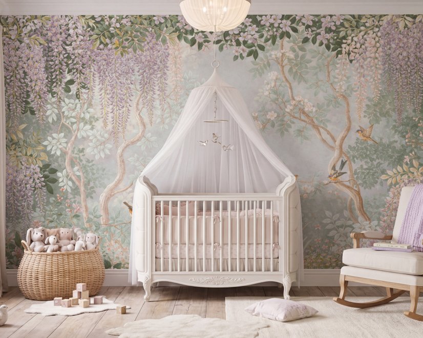 Watercolour nature wallpaper with lilac wisteria, pale trees, sage foliage and small songbirds around a misty clearing
