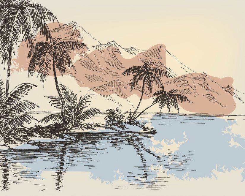 Vintage Charcoal Tropical Palm Tree and Summer Beach Wallpaper Mural