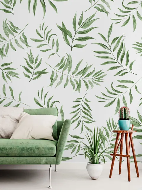 Watercolor Green Palm Leaf Pattern Wallpaper Mural