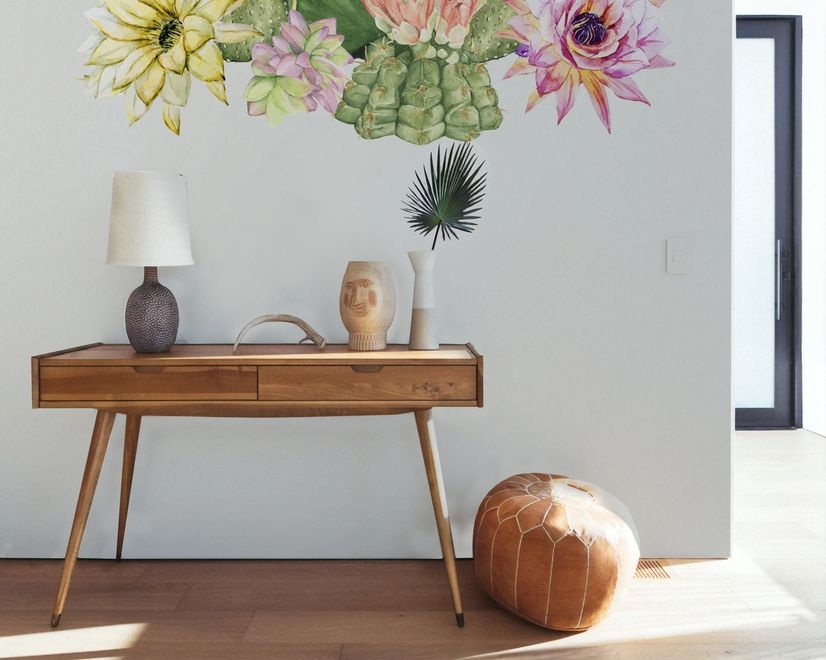 Watercolor Pink Yellow Cactus Florals Wall Decal Sticker