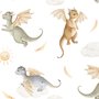Kids wallpaper with sage, caramel and blue-gray watercolor dragons, clouds, sun and stars on white