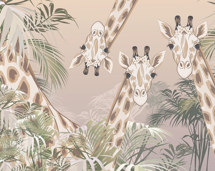 Papier peint girafes mignonnes feuilles tropicales