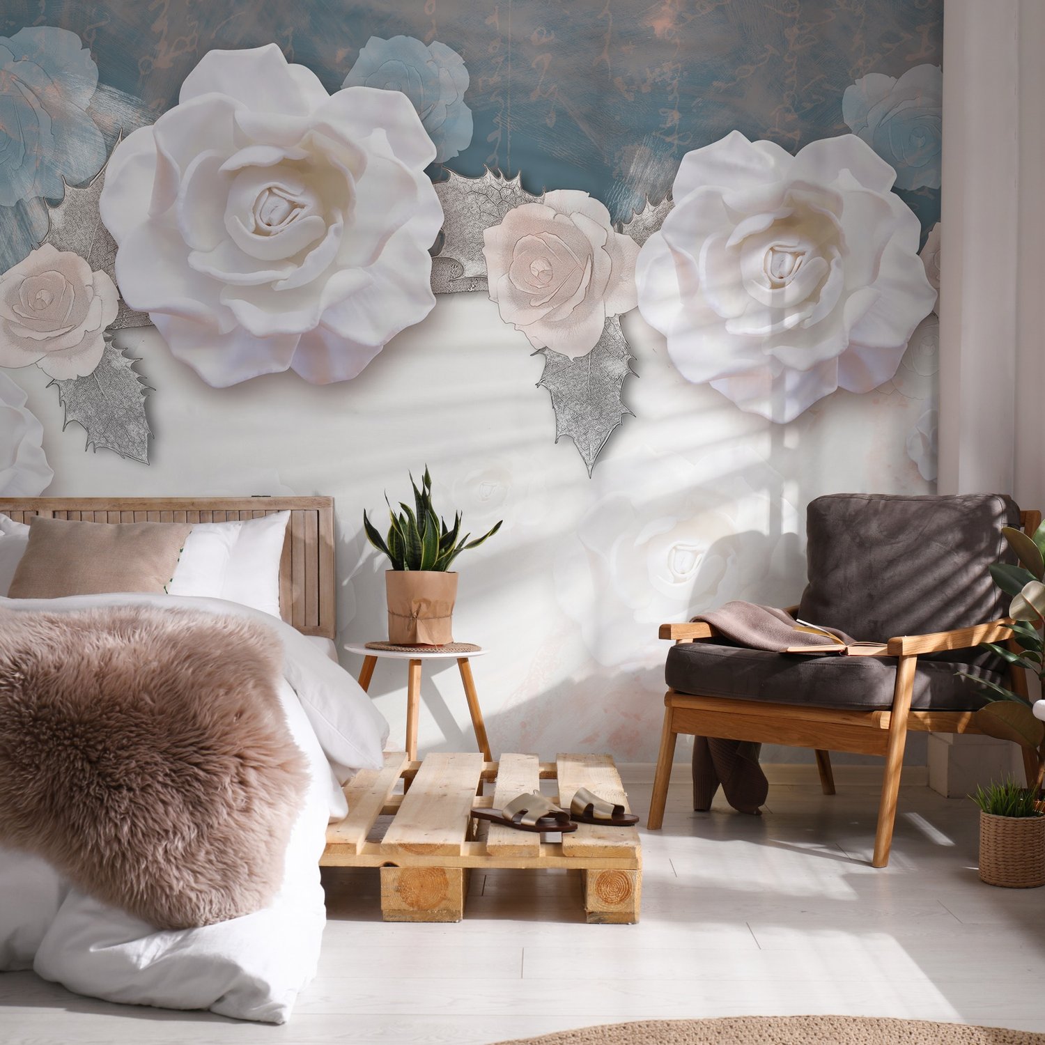Vintage White Rose Floral Wallpaper Mural - Peel and Stick