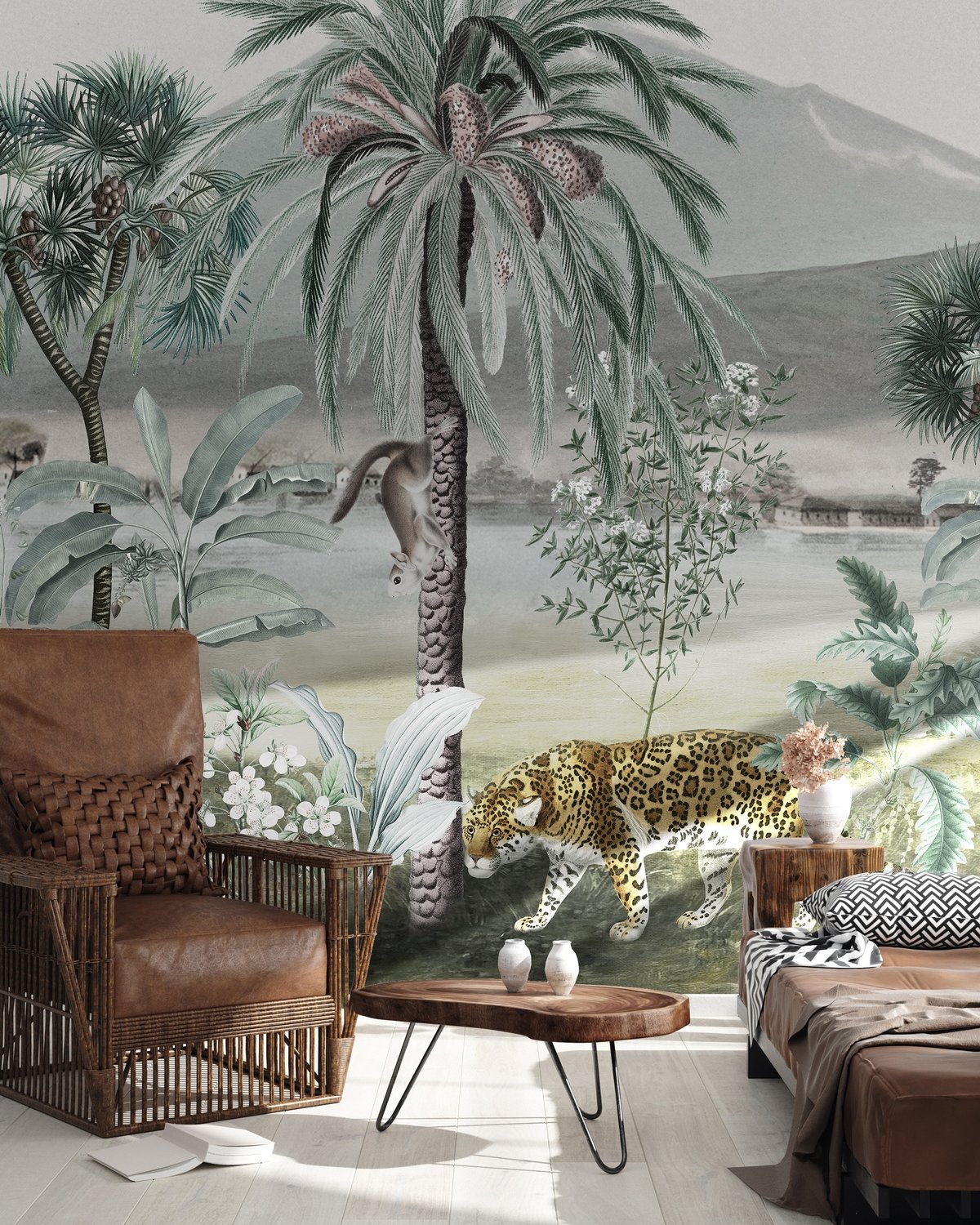 Vintage Exotic Landscape with Wild Animals Wallpaper Mural - Peel and Stick