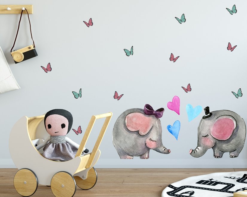 Kinder Niedliches Elefanten und Kleiner Schmetterling Wandtattoo