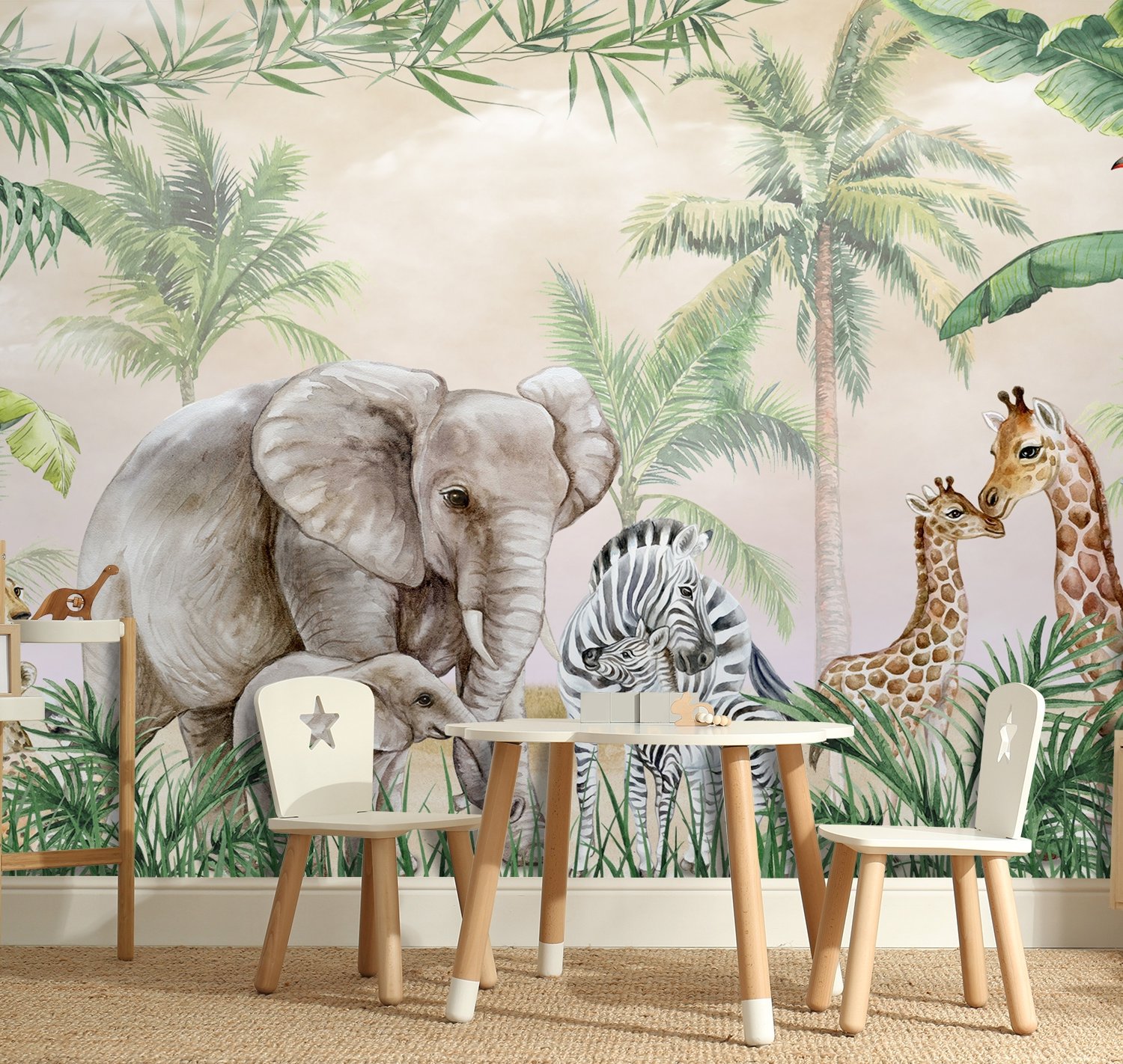 Kids Safari Animals with Cub Wallpaper Mural - Peel and Stick