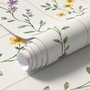 Cute floral wallpaper with green vine trails and pink, purple and yellow watercolor flowers on cream