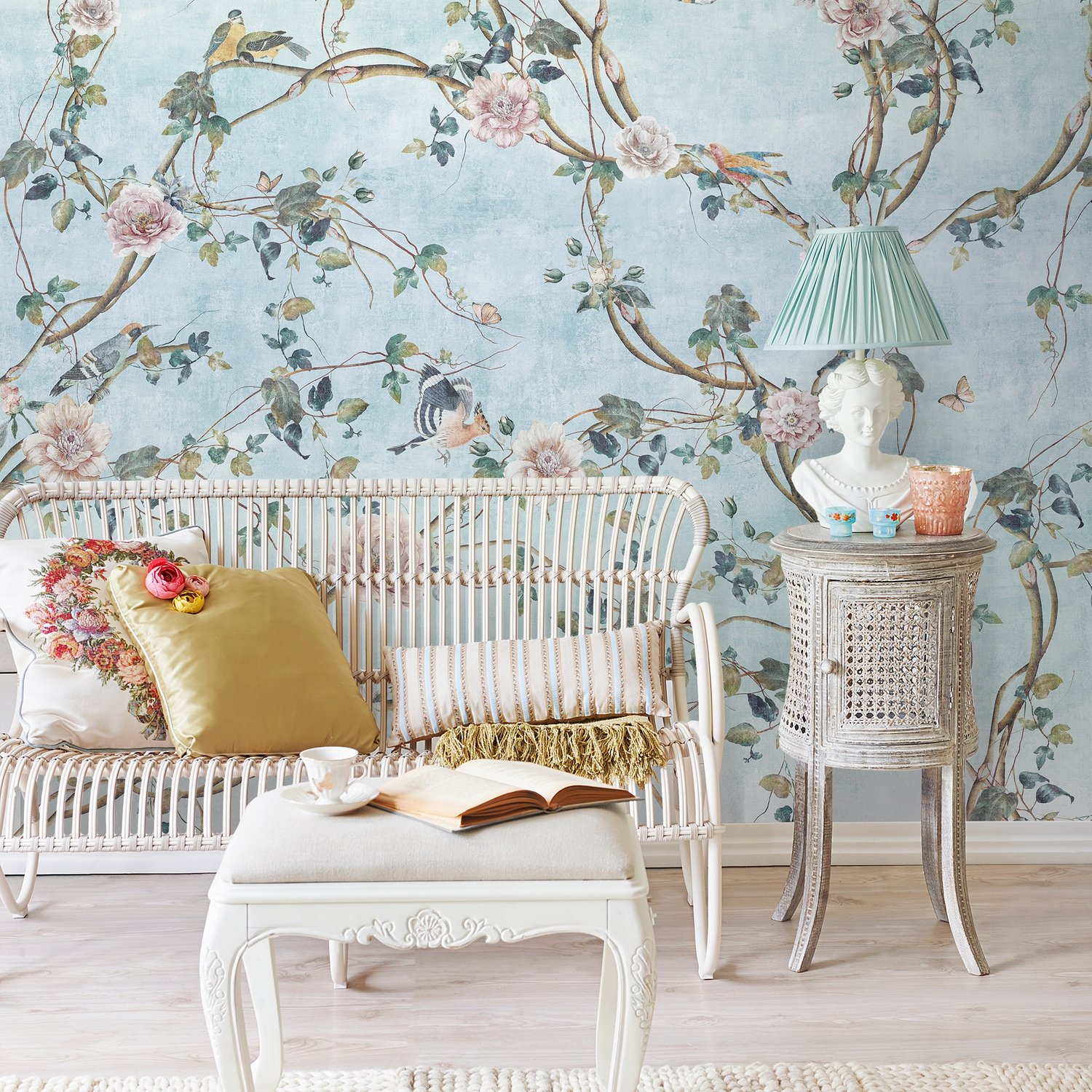 Watercolor Chinoiserie Floral Peony Blossom Wallpaper Mural - Peel and Stick