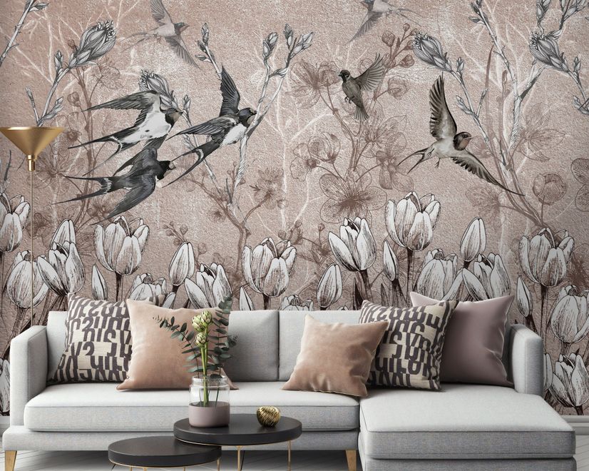 Flying Birds on Flowers Wallpaper Mural