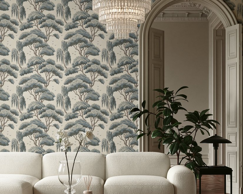 Vintage Japanese tree nature wallpaper with blue-grey canopies, willow foliage, birds and ivory-cream ground