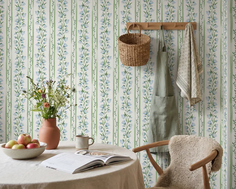 Blue floral stripe wallpaper with pale sky-blue bell flowers, green vines and sage bands on white