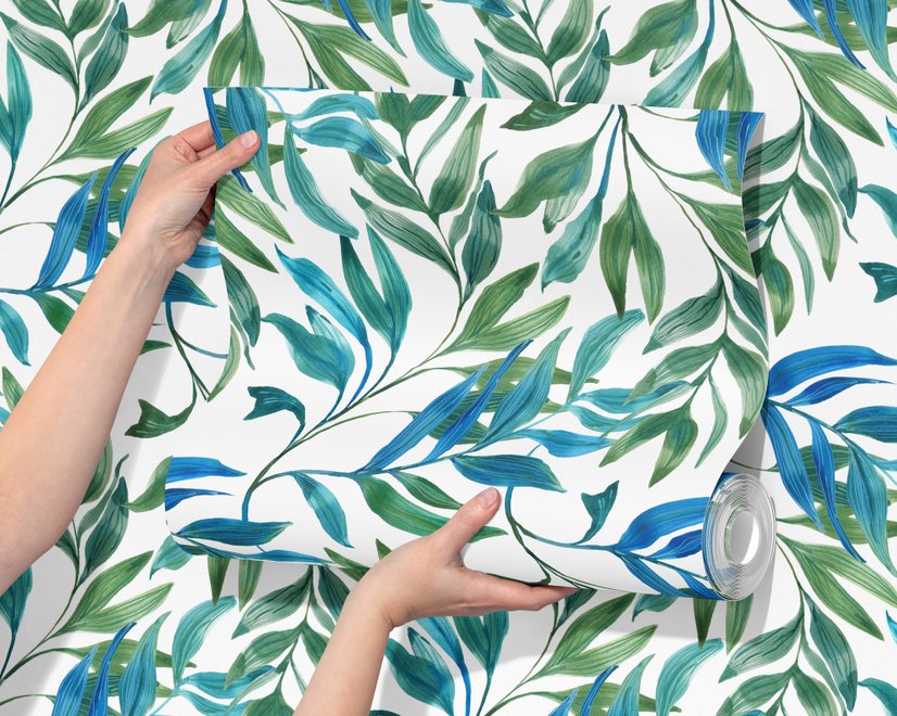 Dark olive green wallpaper with teal and cobalt watercolour lance leaves on a white ground