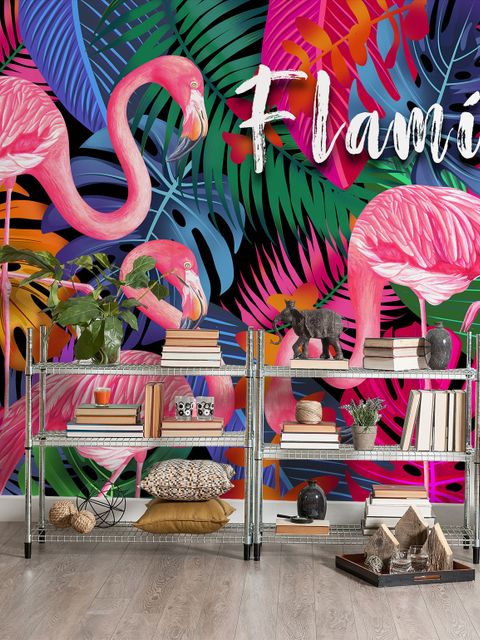 Pink Flamingo with Colorful Leaf Wallpaper Mural