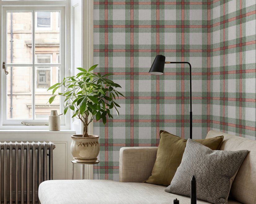 Sage green and cream-white tartan plaid wallpaper with deep red stripes and woven thread texture