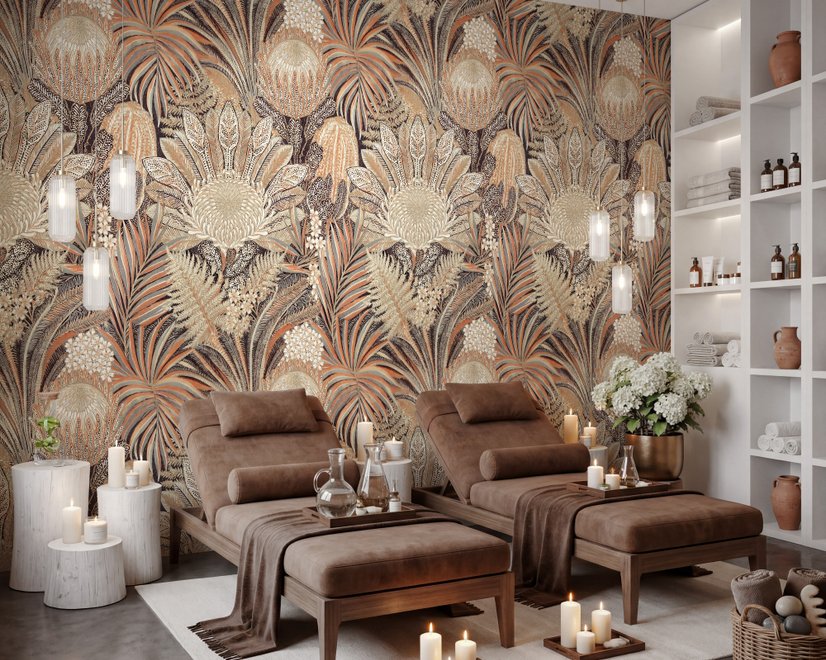 Vintage Terracotta Tropical Flowers and Leaves Wallpaper Mural