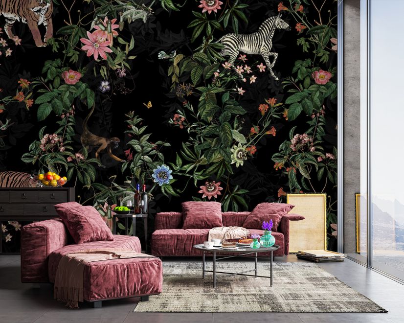 Dark Botanical Plants with Animals Wallpaper Mural