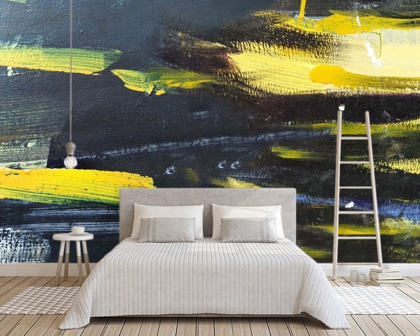 Papier peint panoramique éclaboussures noir et jaune effet peinture à l’huile