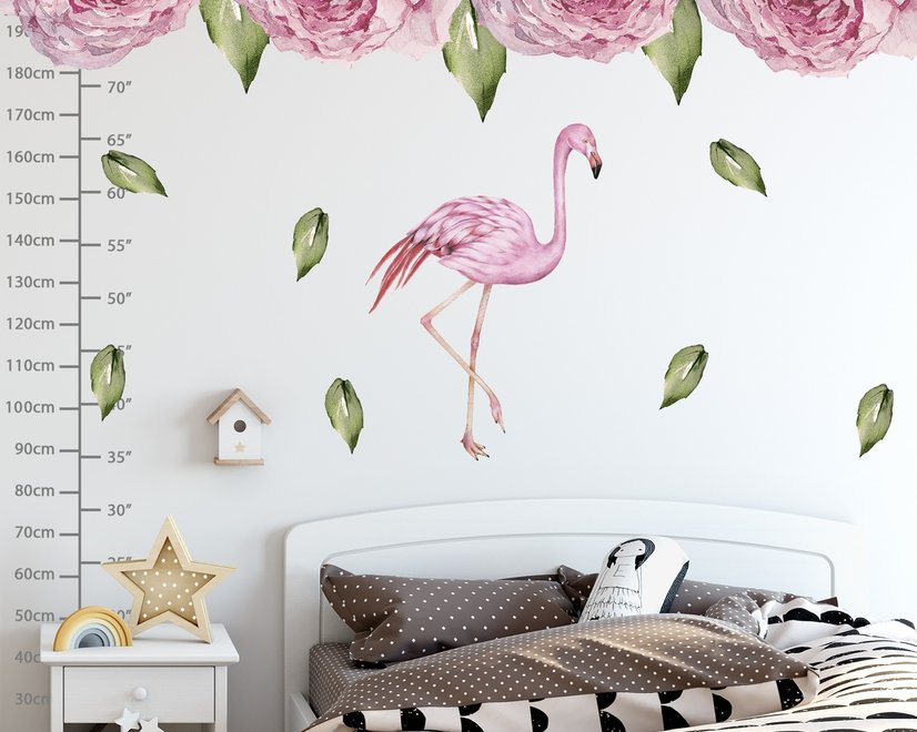 Wandtattoo mit Rosa Pfingstrosen und Flamingo