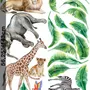 Kids Watercolor Safari Animals with Banana Leaves Wall Decal Sticker