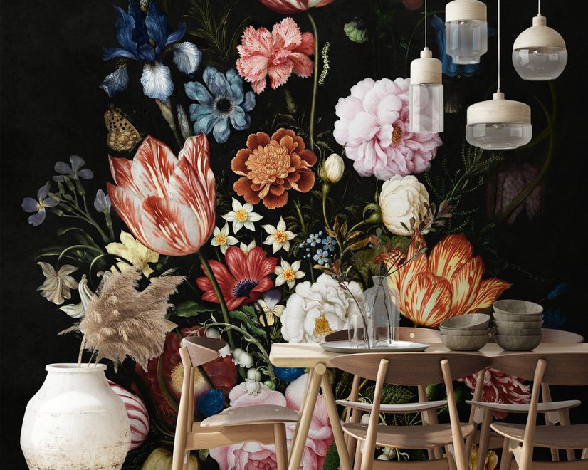 Elegant Dutch Dark Floral Bouquet Wallpaper Mural