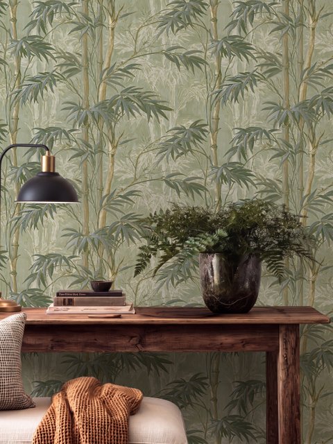 Light green and blue wallpaper with painted sage bamboo canes, olive leaves and pale celadon foliage ground