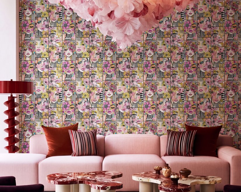 Bold wallpaper for powder room with pop art female faces, pink flowers, black comic panels, mustard, teal and fuchsia details