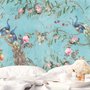 Papier peint Paon avec fleurs de pivoine