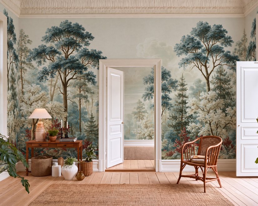 Vintage forest wallpaper mural with blue-grey trees, ivory blossom, red plants and toadstools around a misty path