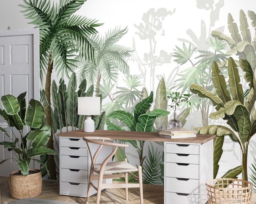 Tropical Cartoon Palm Tree and Banana Leaves Wallpaper Mural