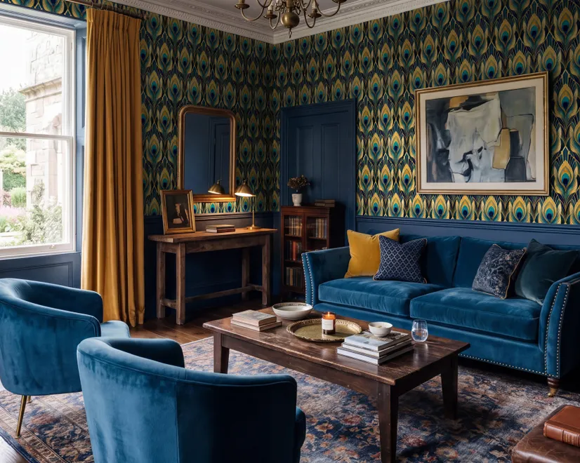 Art Deco feathers wallpaper with turquoise peacock eyes, gold plumes and navy teal ground