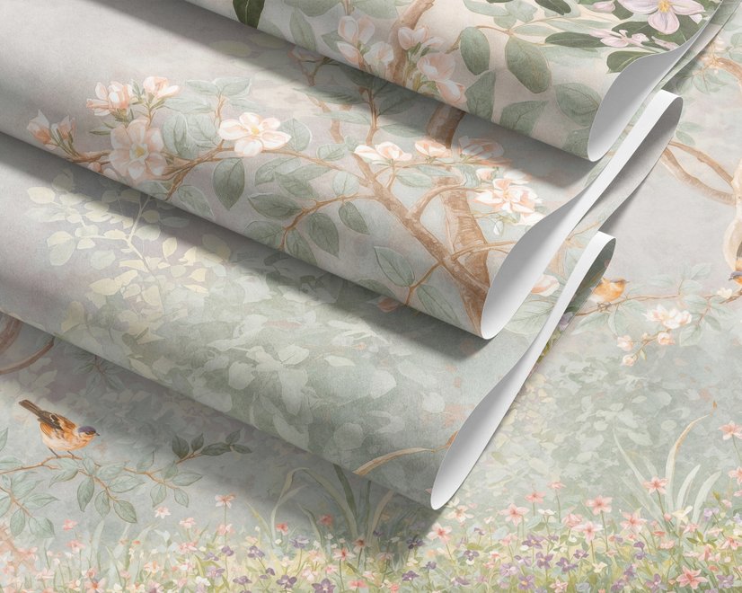 Watercolour nature wallpaper with lilac wisteria, pale trees, sage foliage and small songbirds around a misty clearing