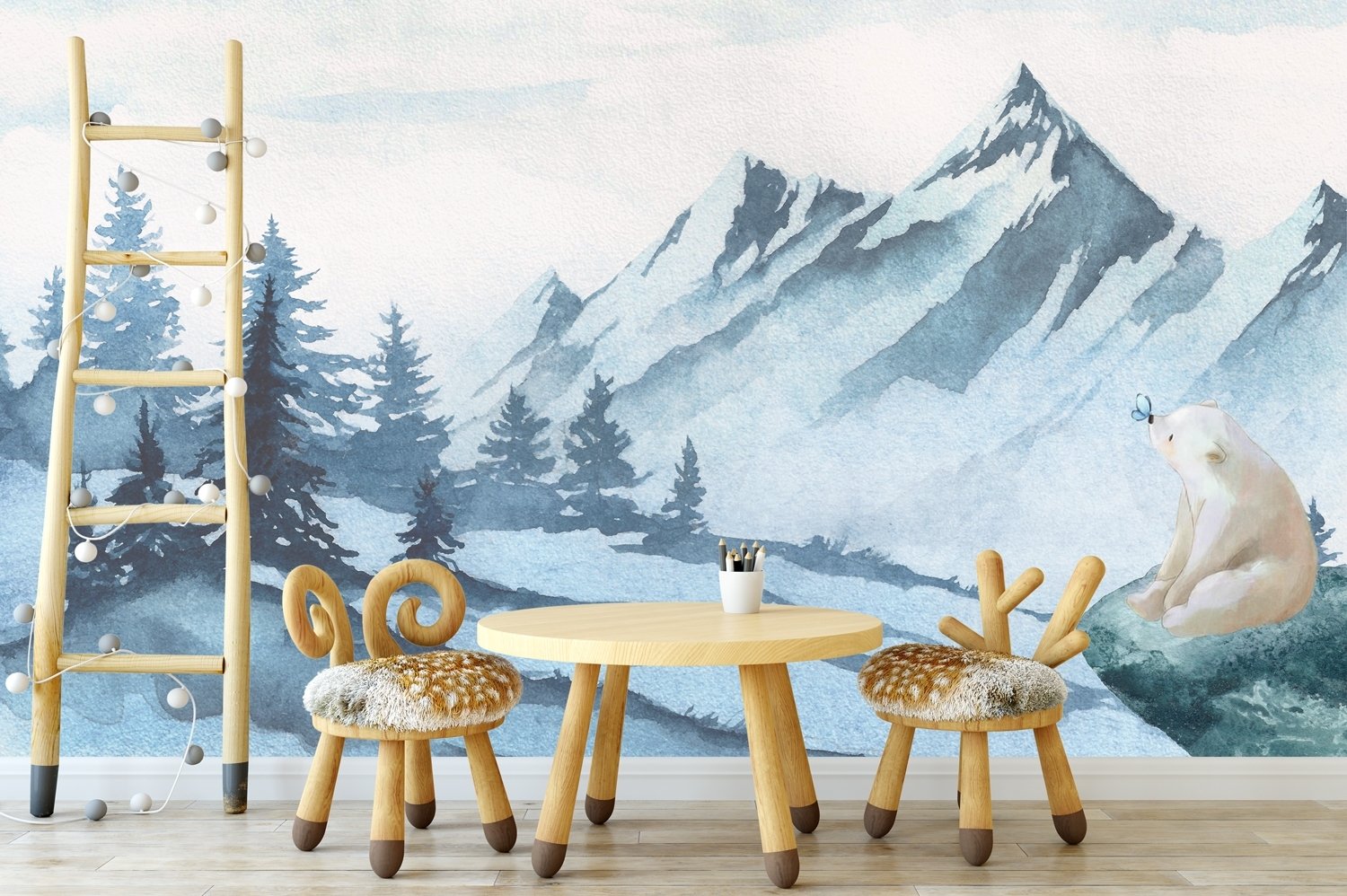 Kids Mountain Landscape with Cartoon Bear Wallpaper Mural - Peel and Stick