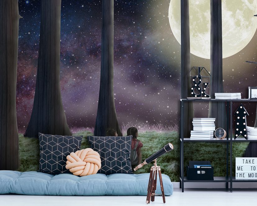 3D Look Moon Landscape with Cute Kids Wallpaper Mural