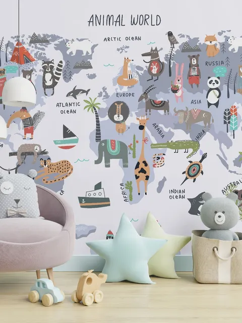 World Map with Cartoon Animals  Kids Wallpaper Mural