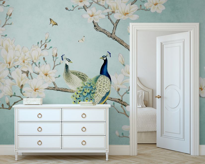 Peacock with Magnolia Blossom Wallpaper Mural