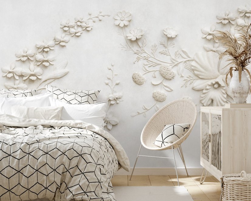 3D Embossed Look Cement Lily Flower Wallpaper Mural