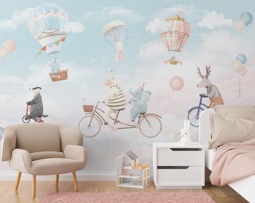 Watercolor Happy Animals in the Sky for Kids Wallpaper Mural