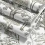 Monochrome wallpaper with grey tree toile on a clean white ground