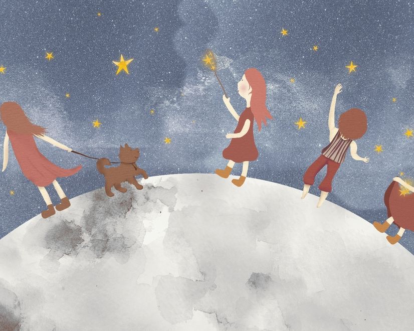 Papier peint panoramique filles sur la lune enfants