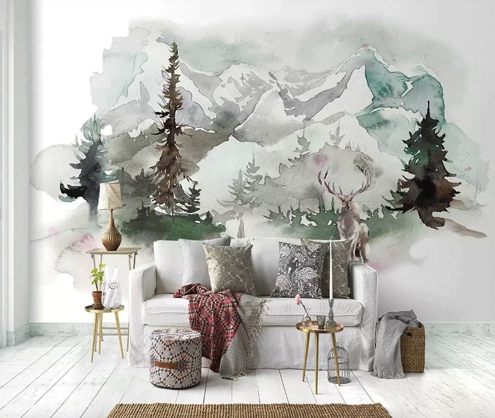 Winter Forest and Horned Deer Wallpaper Mural - Peel and Stick